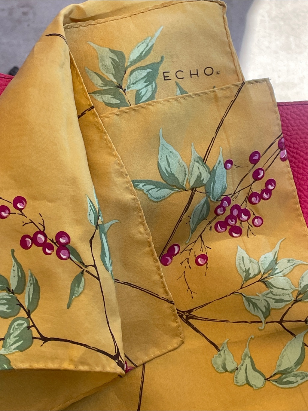 Echo Vintage Yellow Silk Scarf With Green Leaves And Purple Berries